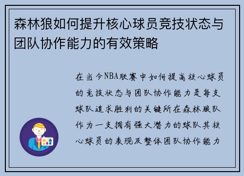 森林狼如何提升核心球员竞技状态与团队协作能力的有效策略